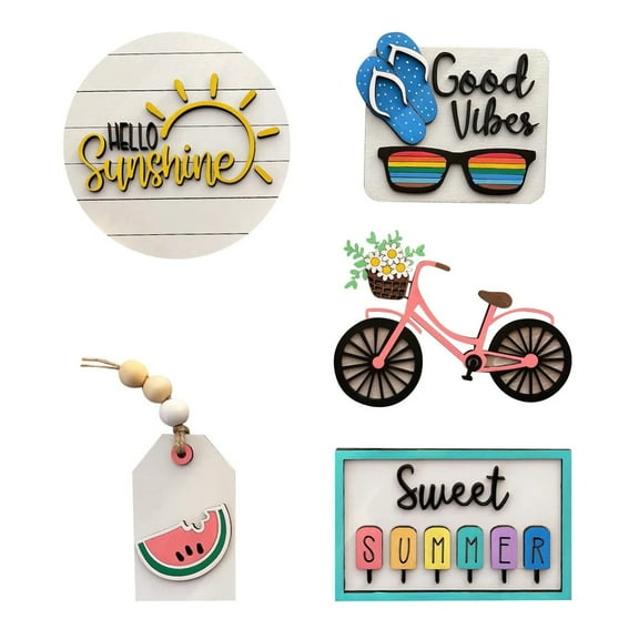 Tkrady Summer Tier Tray Decor 5Pcs Set Summer Decor Set Summer Time Hello Summer Hierarchical Tray Decorative Set Summer Wooden Logo Rural Farmhouse Decorative Wooden Kitchen Hierarchical Tray