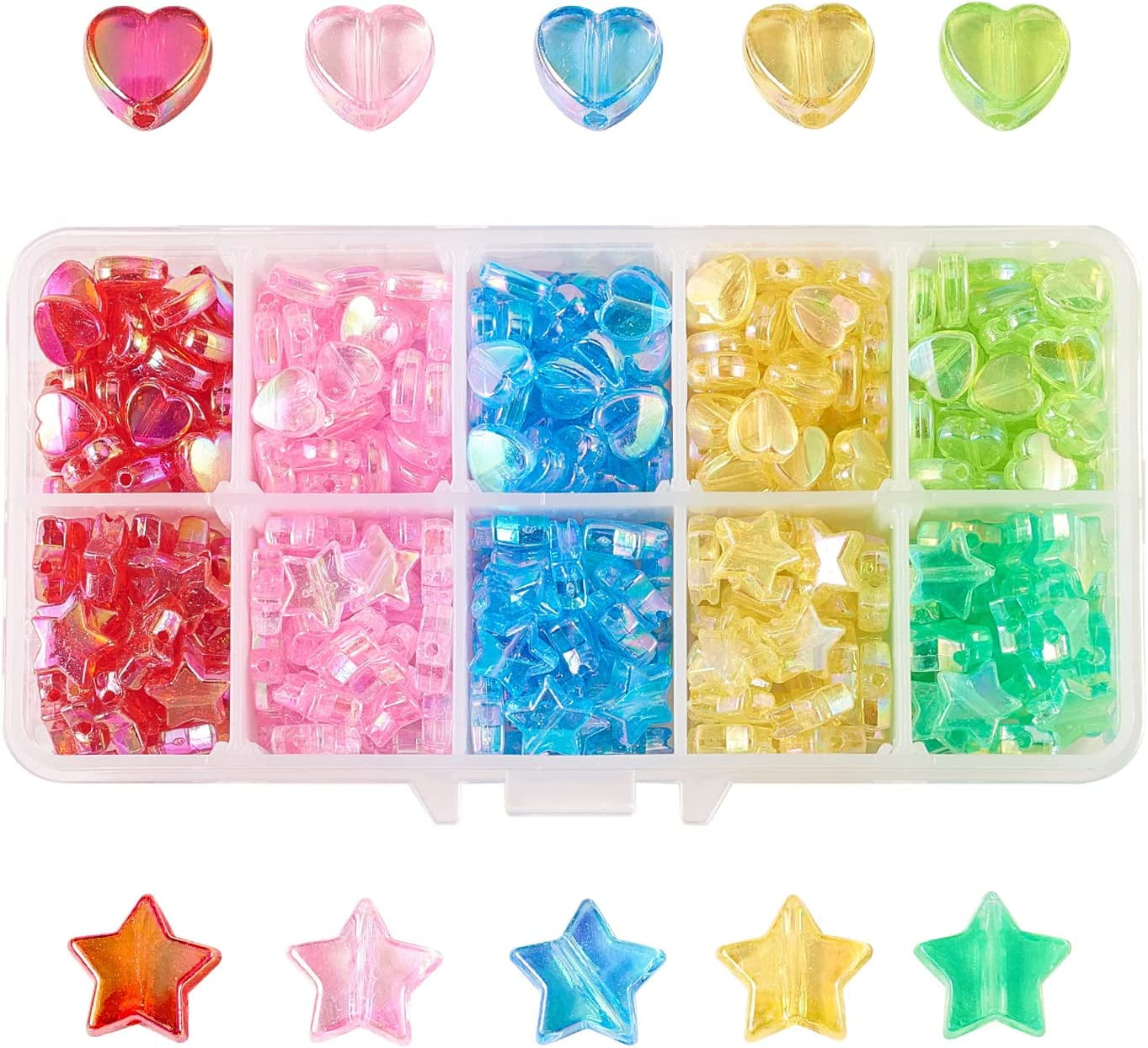 Ipotkitt 630pcs 18 Colors Acrylic Charming Beads Rainbow Round Star AB  Beads Charming Heart Beads for Jewelry Making Bracelets Crafts 