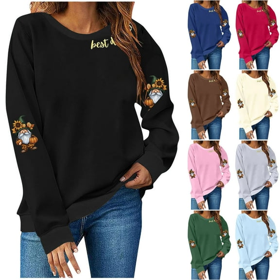 Olyvenn Thanksgiving Sweatshirts for Women Funny Cute Dwarf Flower Graphic Long Sleeve Crewneck Casual Pullover Army Green M