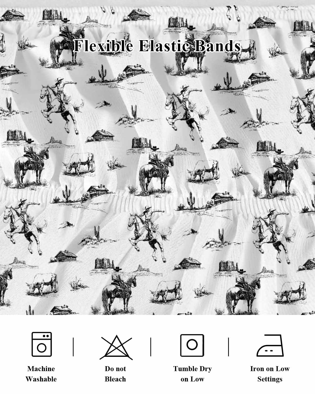 Black Western Cowboy Wrap Around Bed Skirts for California King Bed 18" Drop,Bed Skirt with Adjustable Elastic Belt Dust Ruffle Bed Valance for Bedroom Vintage Horse Cactus Ethnic Art Bed Frame Cover