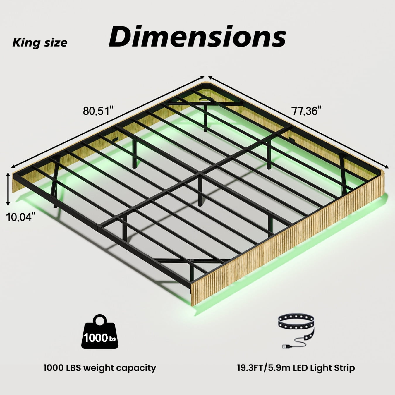 Floating LED Bed Frame King Size, Adjustable Color Lighting, Metal Platform with Under Bed Storage, No Box Spring Required, Tool-Free Assembly, Solid Oak Finish