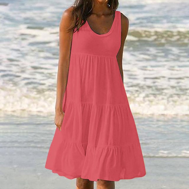 FcBaudy Robes d'Été pour Femmes, Robes pour Femmes, Jupe pour Femmes Robe d'Été pour Femmes à Col Rond Imprimée Sans Manches Robe de Plage pour Femmes Jupe en Coton