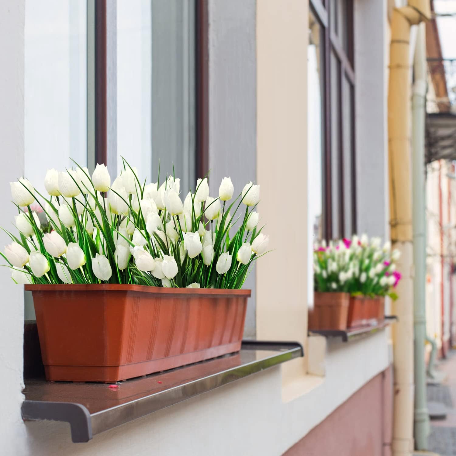 Morttic 8 Pcs Tulips Artificial Flowers for Outdoors, Fake Plants Faux Plastic Silk Floral Arrangement for Home Indoor Outside Table Vase Garden Spring Decor