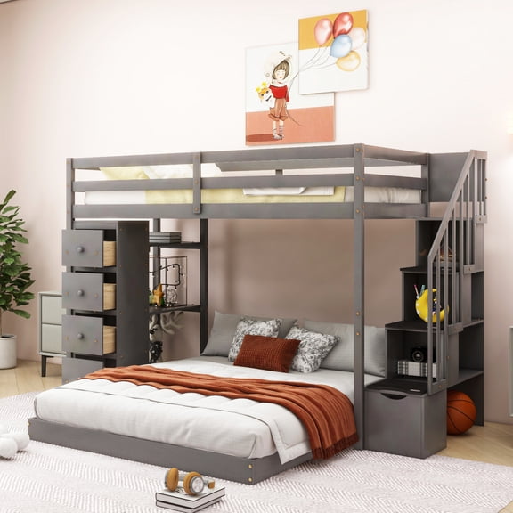 Twin Over Full Bunk Bed With 3-layer Shelves In Gray - Drawers And Stairs For Organization Stair Shelf Practical & Elegant