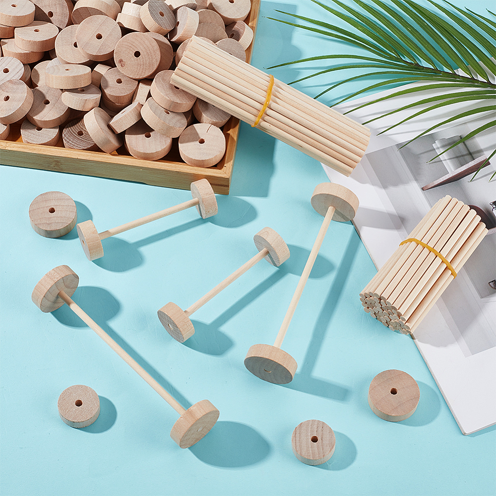 200Pcs 4 Styles Birchwood Wheel & Sticks DIY Accessories Flat Round & Column BurlyWood 28~150x10mm 50pcs/styles DIY