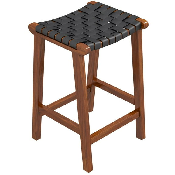 Appleton Mid-Century Modern Woven Leather Dining Room Bar Stool in Black