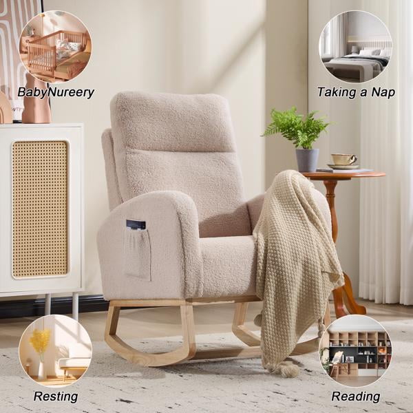 Modern Accent Rocking Chair Rocking Chair with Solid Wood Legs, Upholstered Nursery Glider Rocker, Comfy Armchair with Side Pocket, Living Room Lounge Arm Chair with High Backrest (Beige,teddy)
