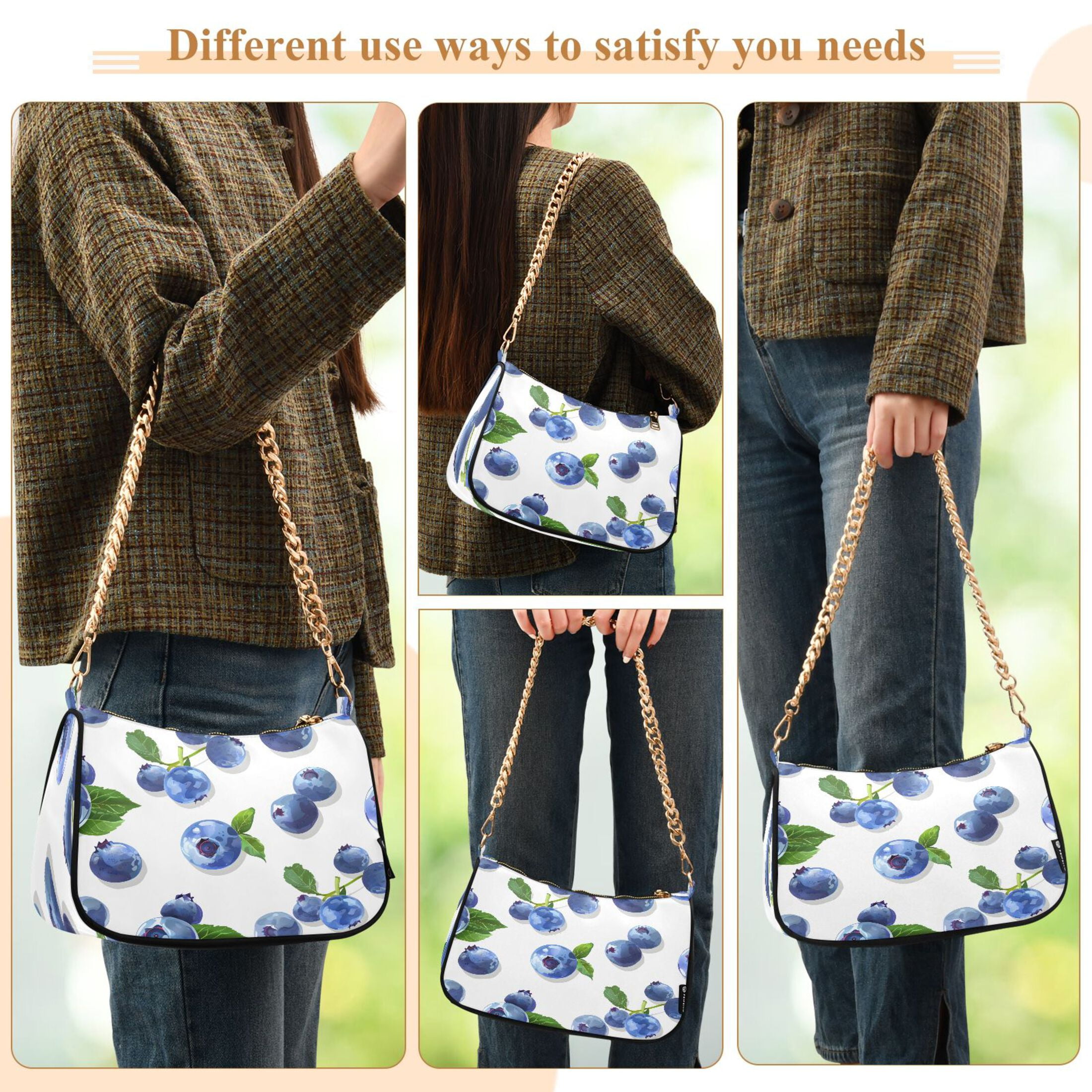 Ryvnso Blueberry Fruits Womens Chain Shoulder Bag Tote Handbags Clutch Hobo Purse with Zipper for Travel
