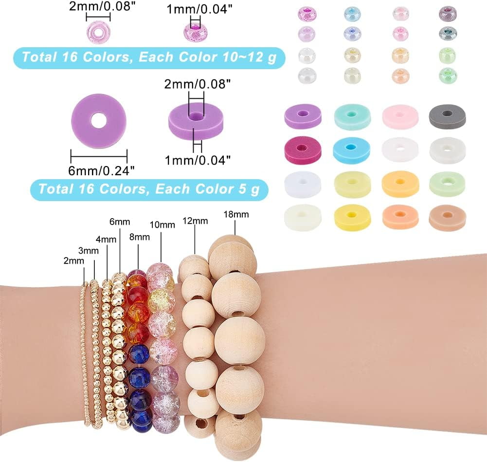 PH 11360~12480pcs Craft Beads Kit 2mm Glass Seed Beads 16 Colors Mini Pony Beads 6mm Polymer Clay Beads 16 Colors Heishi Beads Small Craft Beads for Bracelet Necklace Jewelry Making Colorful