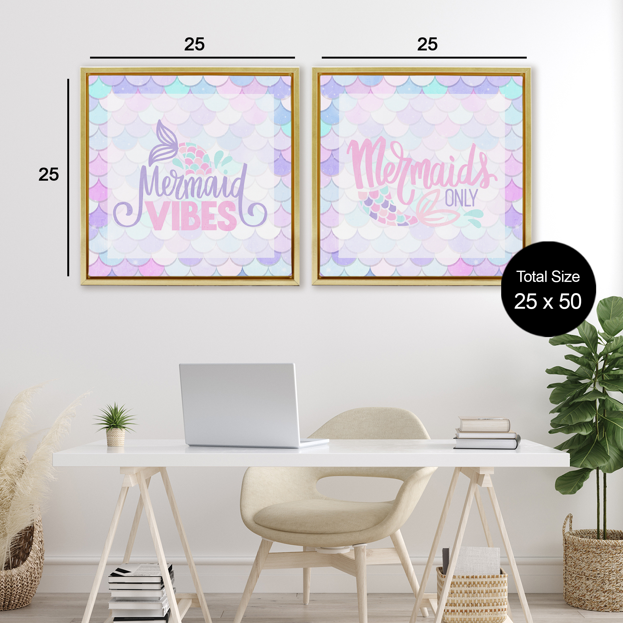 Dreamy Mermaid Phrases with Scales 2 Piece Gold Framed Floater Canvas Set, design by Kim Allen