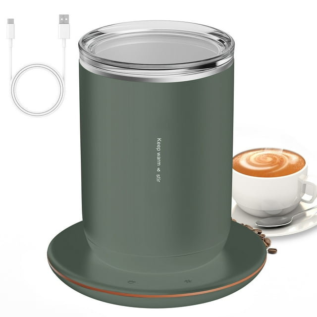 yeacher Dual-Function 55°C Smart Magnetic Stirring Mug with USB Charging, 300ml Capacity, Food-Grade Stainless Steel, Touch Control, Dustproof Lid, Ideal for Home, Office, or Gifting - Forest Green