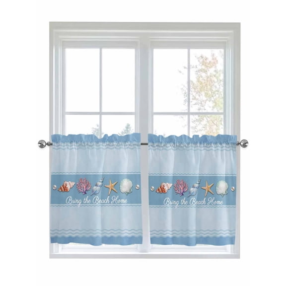 Coastal Blue Striped 2 Panel Kitchen Curtains for Small Windows, Ocean Sea Summer Starfish Coral Shells Bathroom Tier Curtain, Short Window Treatment for Bedroom/Living Room 55"x24"