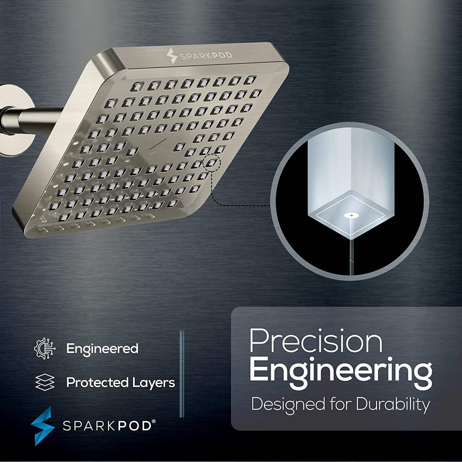 SparkPod High Pressure Rainfall Shower Head, Easy Install, Energy Saving (6 inch Square, Brushed Nickel)