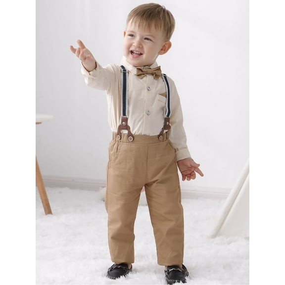 CARETOO Toddler Boy Suit Clothes Set Baby Boy Formal Wear Shirt Bowtie Suspender Pants Wedding 1-5T 3pcs Church Baptism Outfit