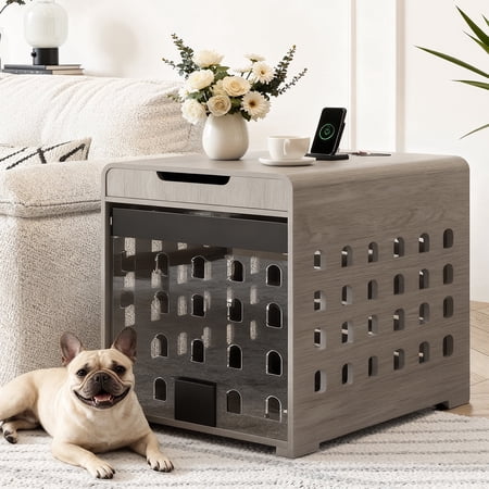Furnibear Modern Dog Crate Furniture with Charging Station, Multifunctional Side End Table Indoor Kennel with Hidden Door for Small Dogs Breeds up to 45lb,Gray