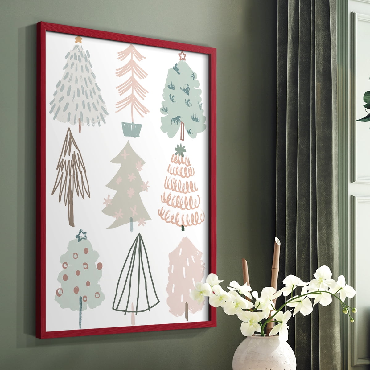 Christmas Tree Sketchbook I Framed Print in Red Solid Wood Framed Print No Nail Hanging