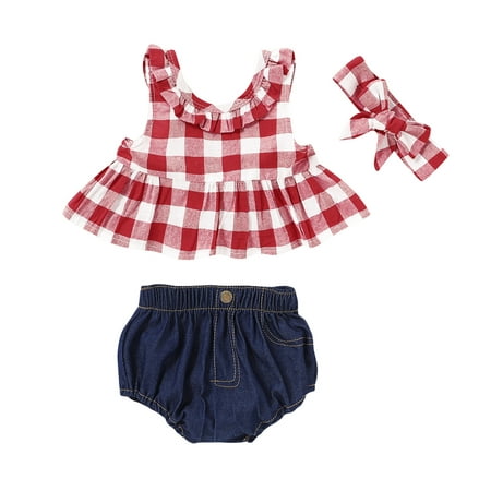 

Kucnuzki 3 Months Baby Girl Summer Outfits Shorts Sets 6 Months Sling Sweet Checked Prints Cozy Peplum Cozy Tops Elastic Cozy Denim Brief Shorts Headband 3PCS Set Red