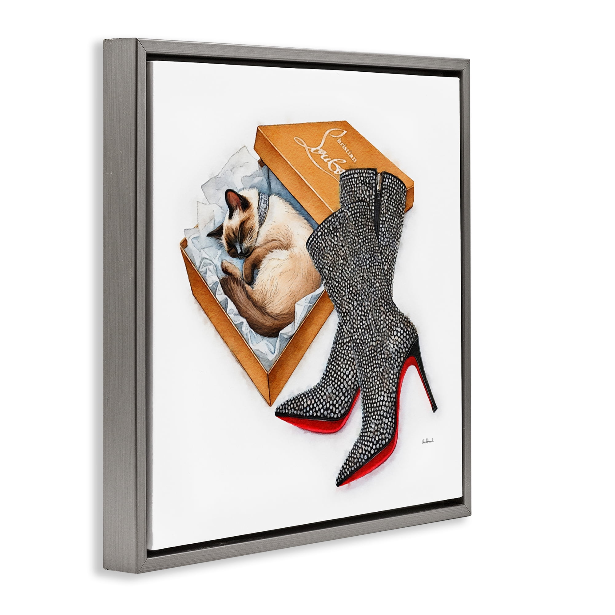 Stupell Industries Stylish Shoebox Cat Animals Painting Gray Floater Framed Canvas Art Print Wall Art, 18 x 18