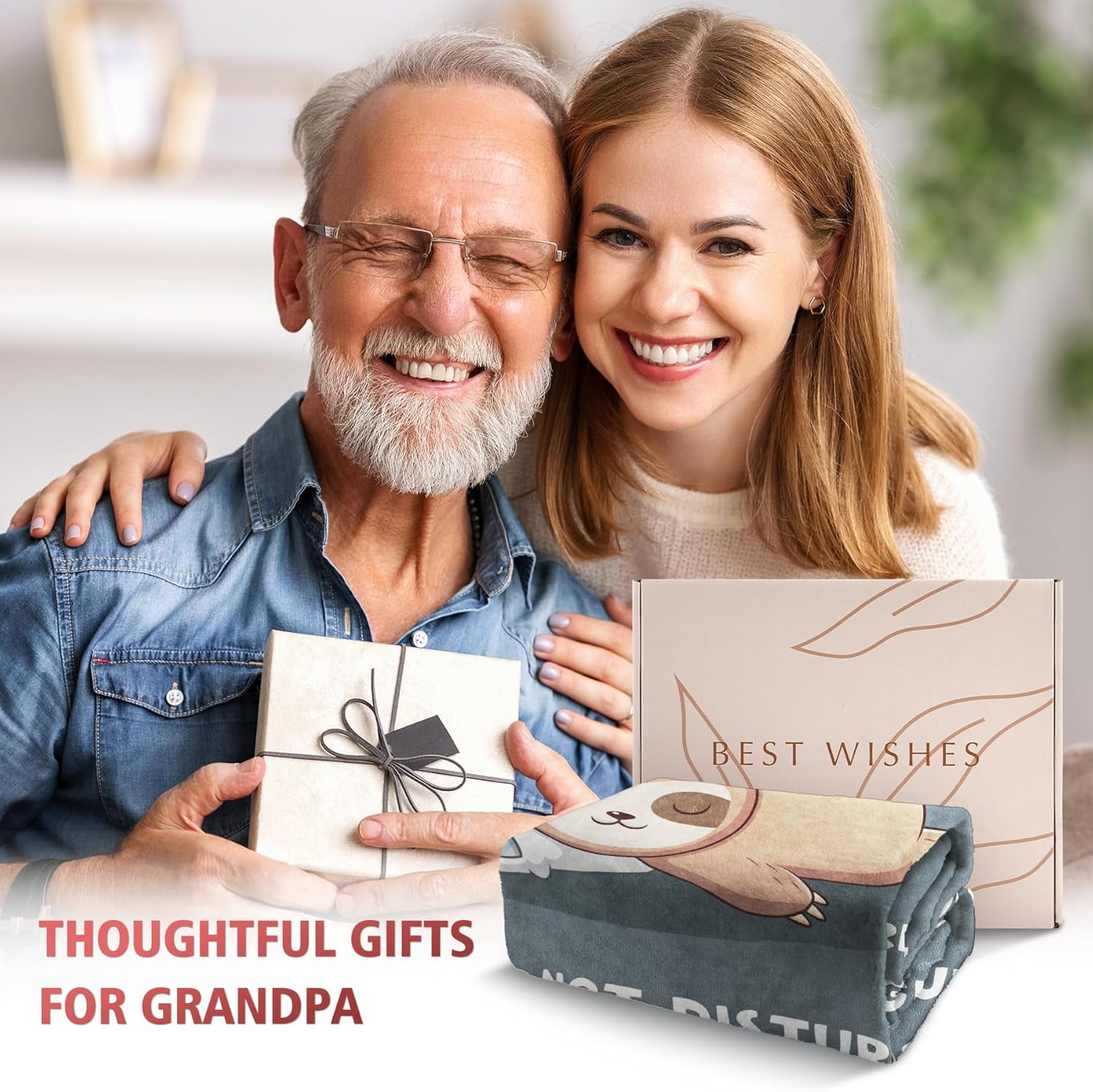 Funny Fathers Day Birthday Gifts for Grandpa, Grandpa is Charging Sloth Blanket, Gifts for Grandpas from Grandkids, Grandpas Present for Christmas, Super Soft Blanket for Grandfather