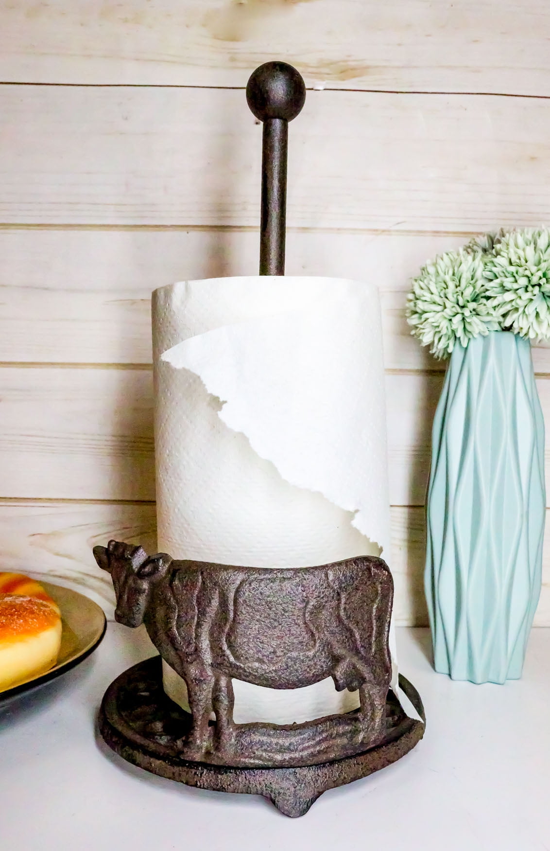 Cast Iron Rustic Holstein Cow With Scroll Art Kitchen Paper Towel Holder Stand