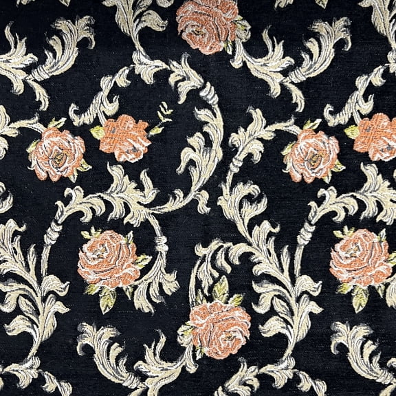 Decora Furnishings Vintage Floral Scroll Design Premium Chenille Jacquard Fabric for Upholstery, Craft - Width 54 inches - Fabric by The Yard (Black)