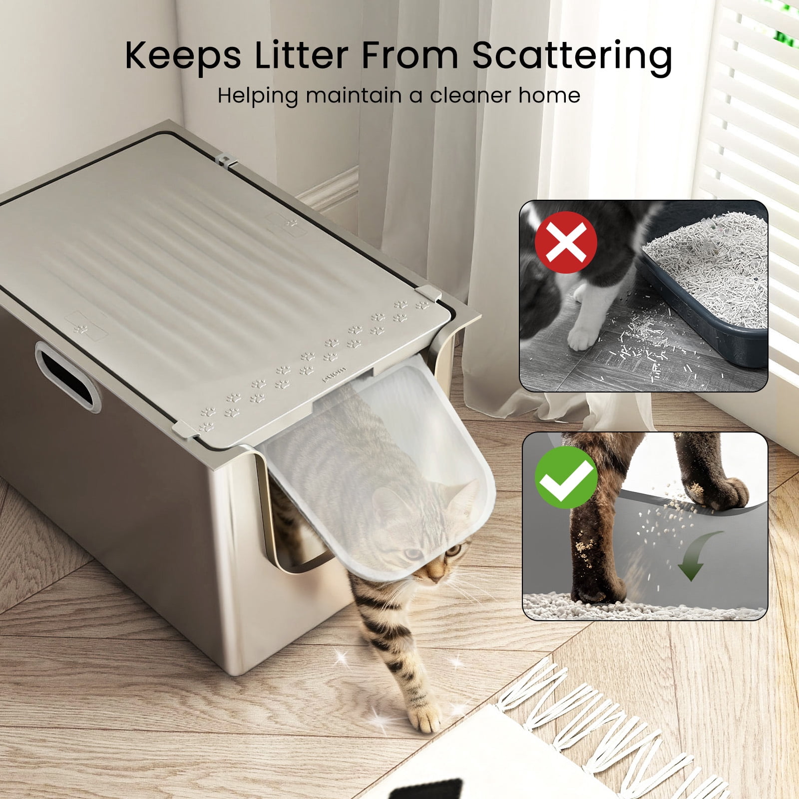 Ptlom Flip Top Stainless Steel Litter Box 22.8" x 14.9" x 14.5" Extra Large Metal Litter Box with Lid High-Sided One-Piece Litter Pan