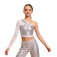 thumbnail image 6 of iiniim Girls Sparkle Sequins Ballet Dance Crop Tops Mesh Sleeve One Shoulder T-Shirt Jazz Hip Hop Dancewear Silver 16, 6 of 7