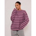 thumbnail image 5 of Women's Striped Sweater Waffle Knit Tops for Women Long Sleeve Shirts Light Weight Fall Tops Rose Red S, 5 of 9
