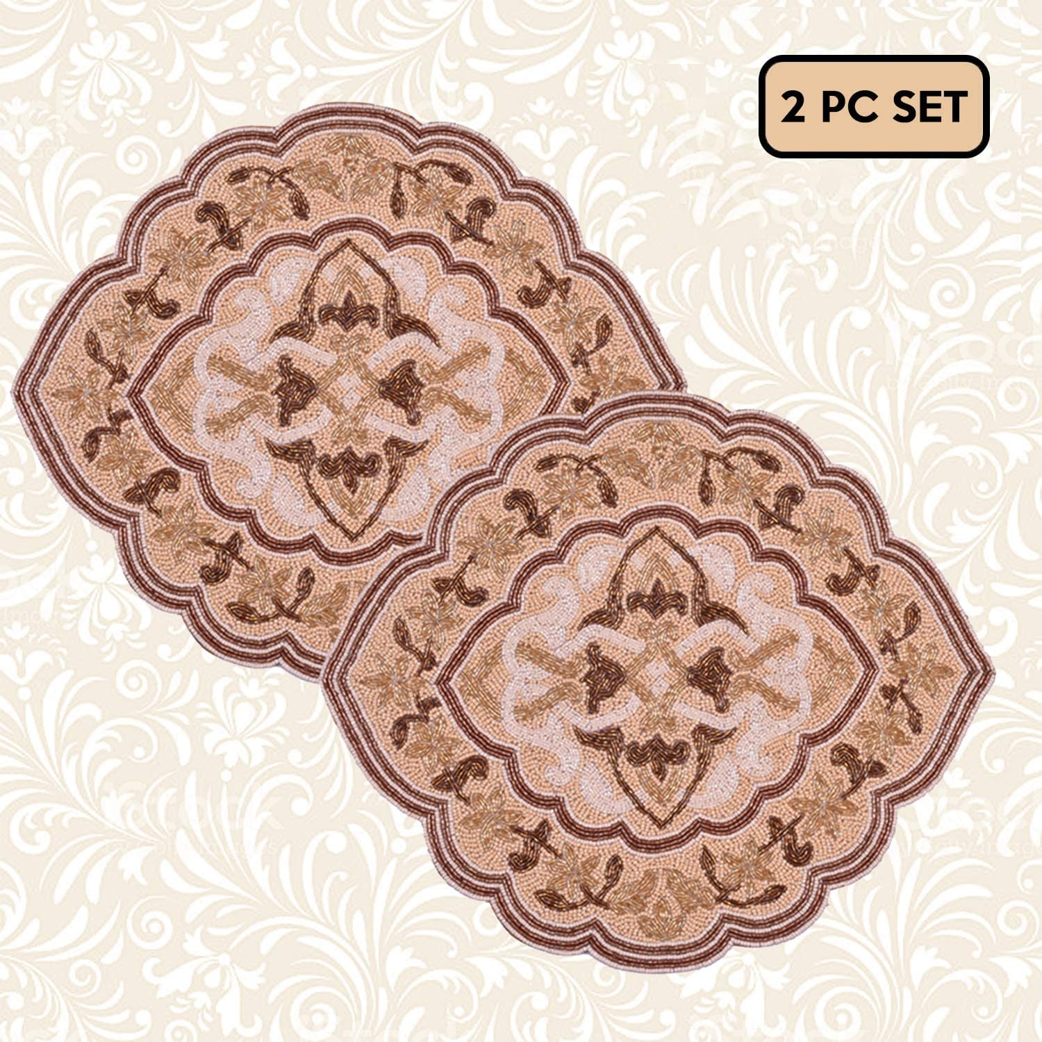 Decozen Embroidered Beaded Placemat Set of 2 Satin Back Quatrefoil Placemats Ivory and Gold