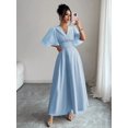 thumbnail image 6 of Baby Blue Collared V-Neck Waist-Pleated Chiffon Ruffle Sleeve Elegant Maxi Dress, 6 of 7