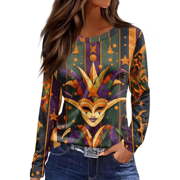 Mardi Gras Shirts for Women Carnival Sparkly Crew Neck T Shirts Mask Print Long Sleeve Purple Graphic Tee Army Green 3XL