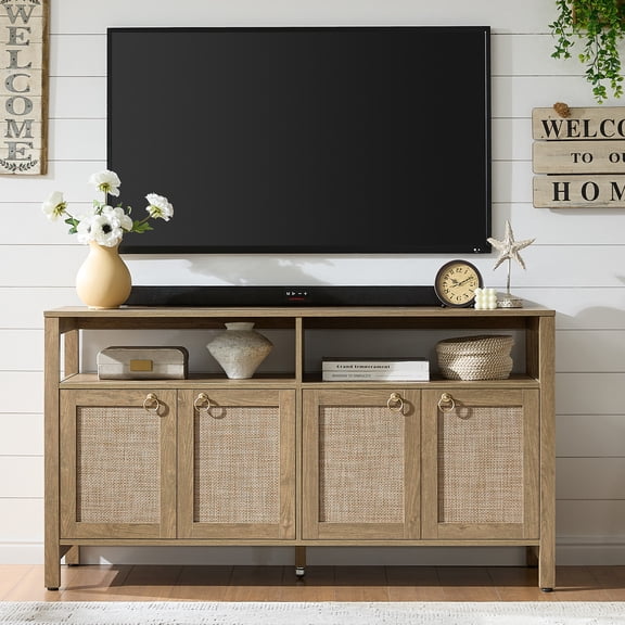 SICOTAS Boho TV Stand for TVs up to 65", Rattan 29.5" Tall Entertainment Center with Storage Cabinets & Adjustable Shelves , TV Console Table for Living Room, Oak