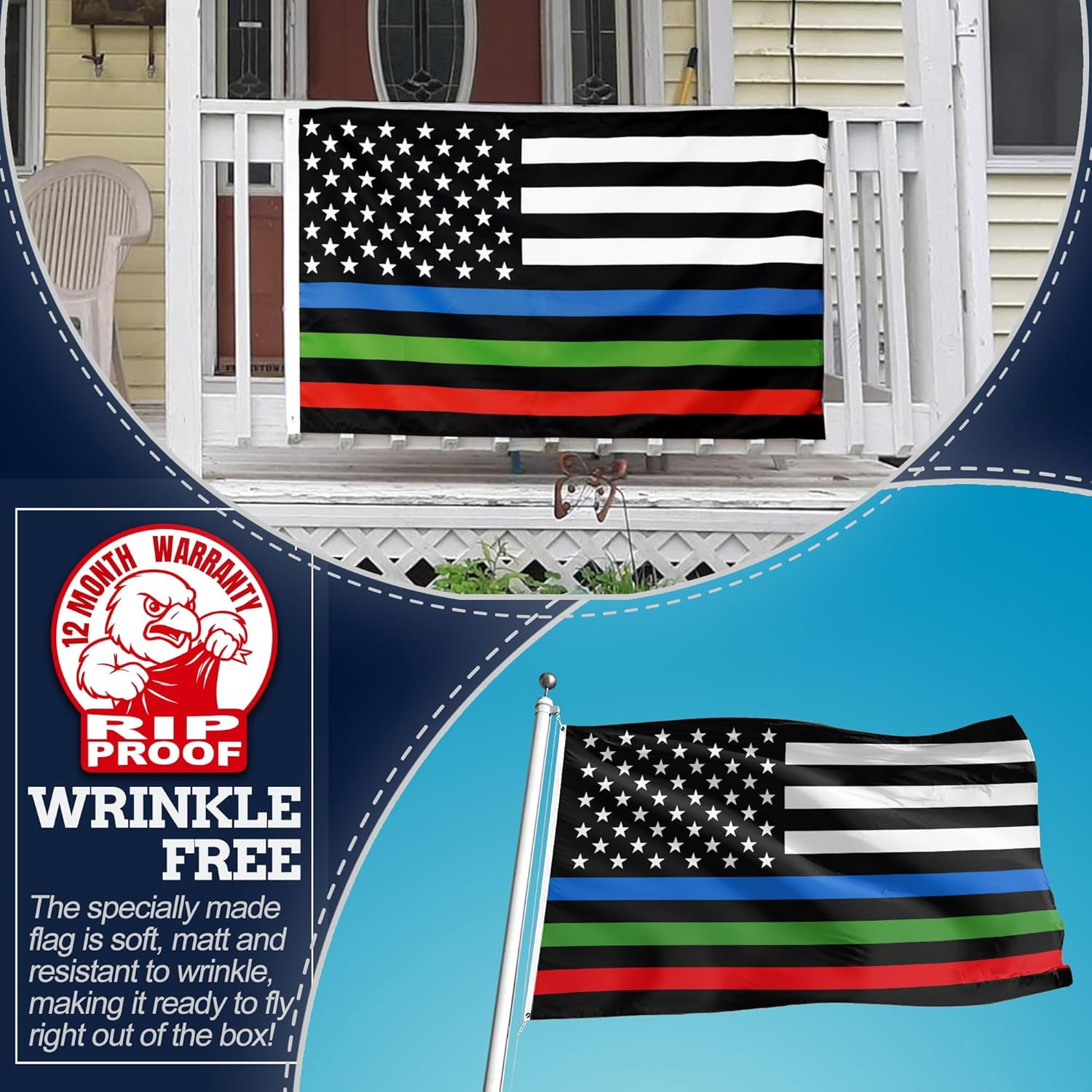 Anley Rip-Proof Double Sided 3-Ply Thin Blue Red and Green Line USA Flag 3x5 Foot - Honoring Police Officers Firefighter and Border Patrol Agents Flags