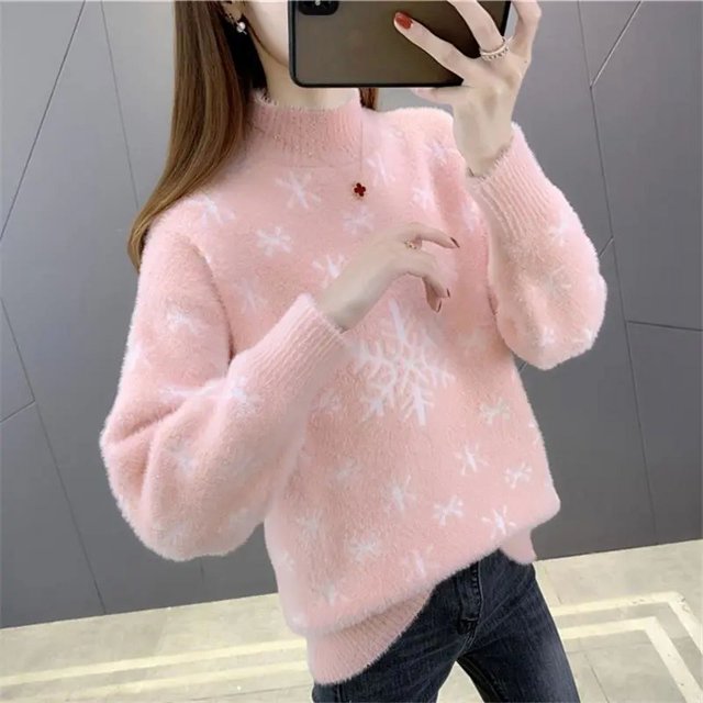 Prendas de punto de medio cuello alto para mujer, suéteres de felpa de imitación de visón con copos de nieve de Navidad, Jersey nuevo, Otoño, Invierno, 2024