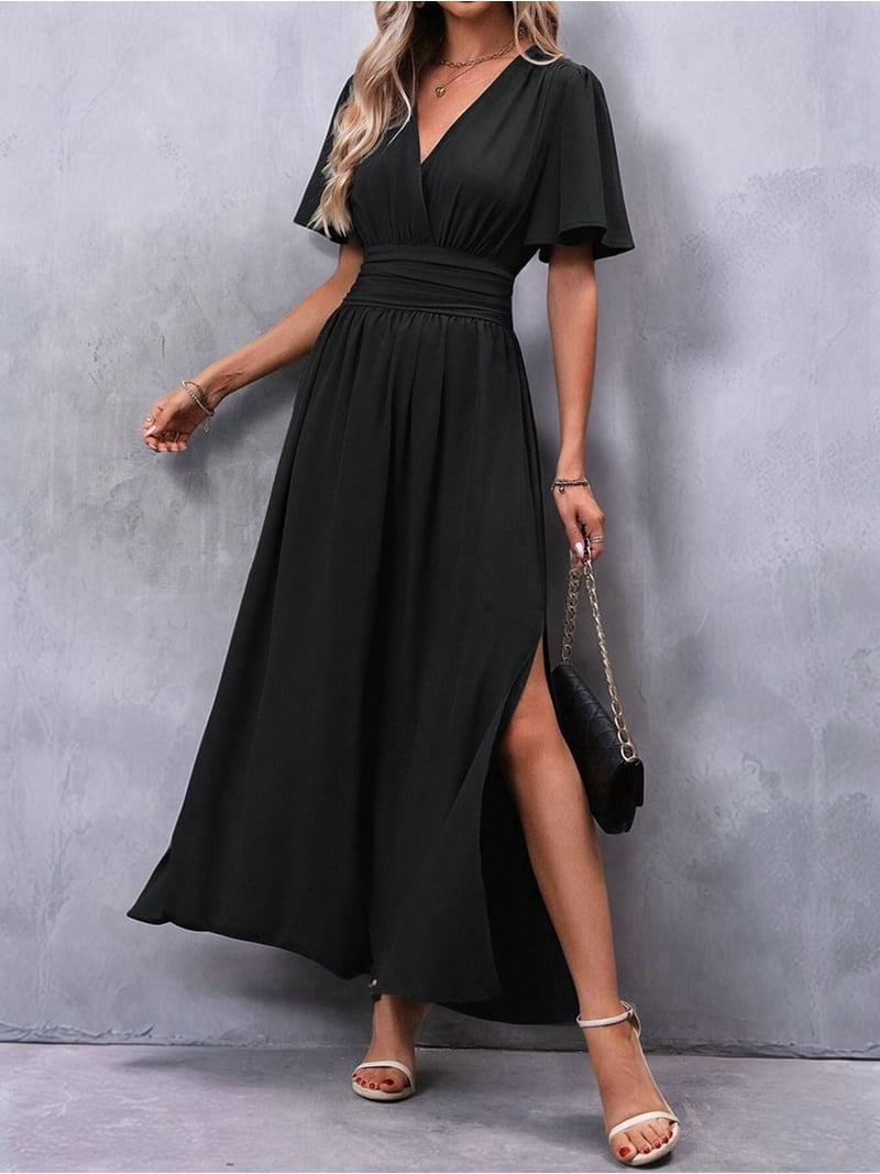 Women'S Summer Dresses Short Sleeve Maxi Dress Casual V Neck Flowy Sundress Navy Blue XL