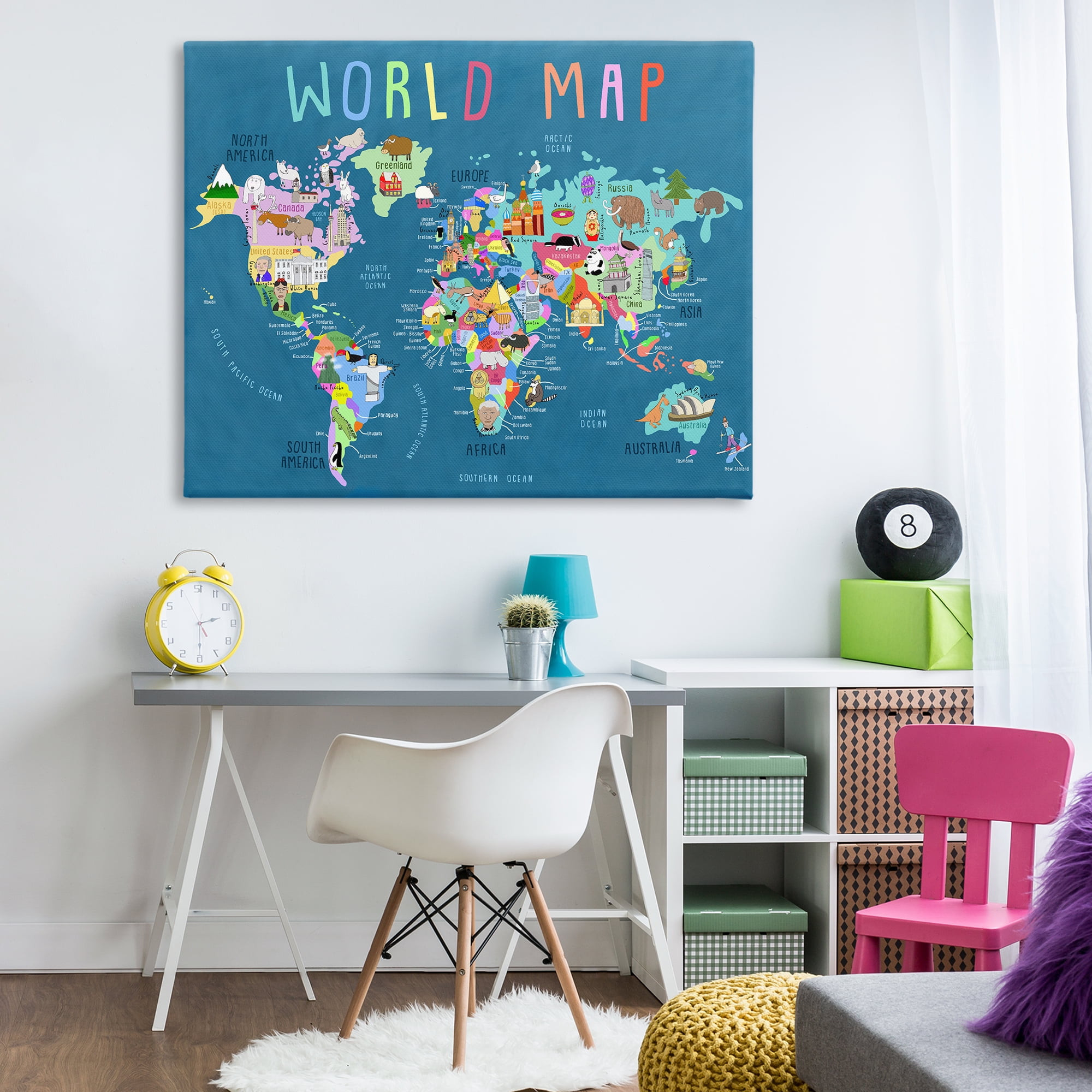 Stupell Industries World Map with Landmarks Education Painting Wrapped Canvas Art Print Wall Art, 48 x 36
