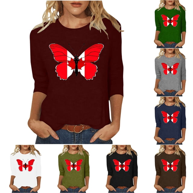 PXLKNZH Hauts à Manches 3/4 pour Femmes Coupe Ample Décontractée Col Rond T-Shirts Graphiques Feuille d'Érable Canada Tunique Trois Quarts Gris,m