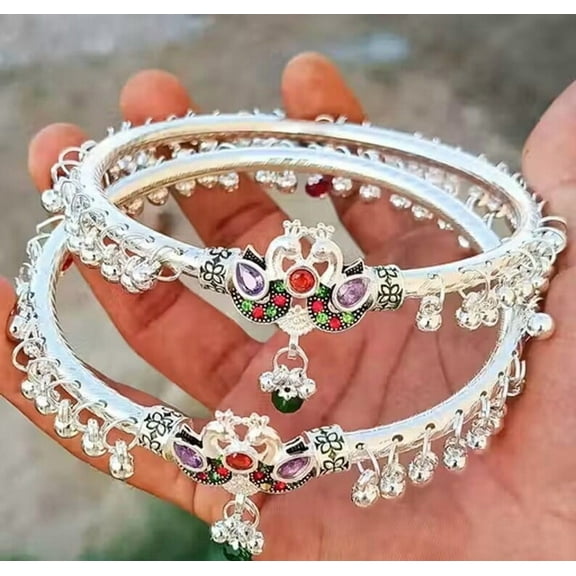 Traditional Silver Plated Bridal Anklet Pair with Colorful Stones & Ghungroo Bells – Indian Payal Jewelry