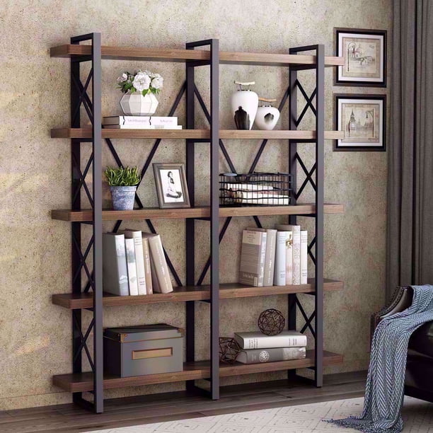Tribesigns 5Tier Double Wide Open Bookcase, Solid Wood Industrial