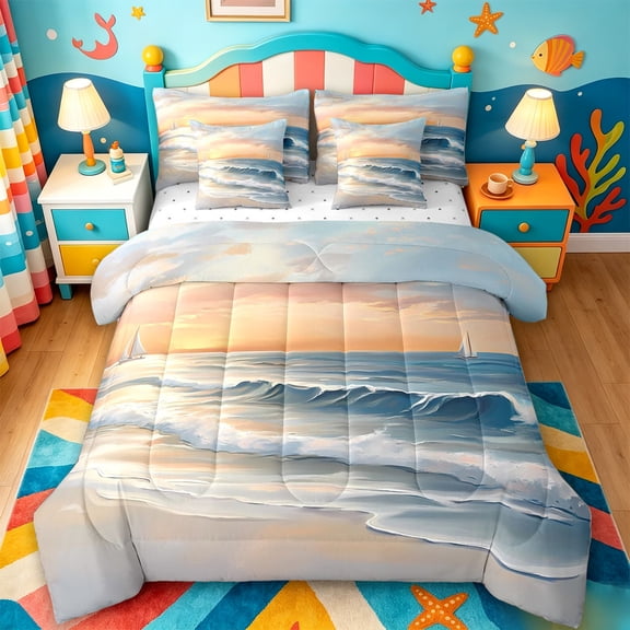 jejeloiu Watercolor Beach Sunset 7 Pieces Full Size Bedding Sets For Girls,Ocean Theme Full Size Bed in a Bag,Peach Blue,Reversible