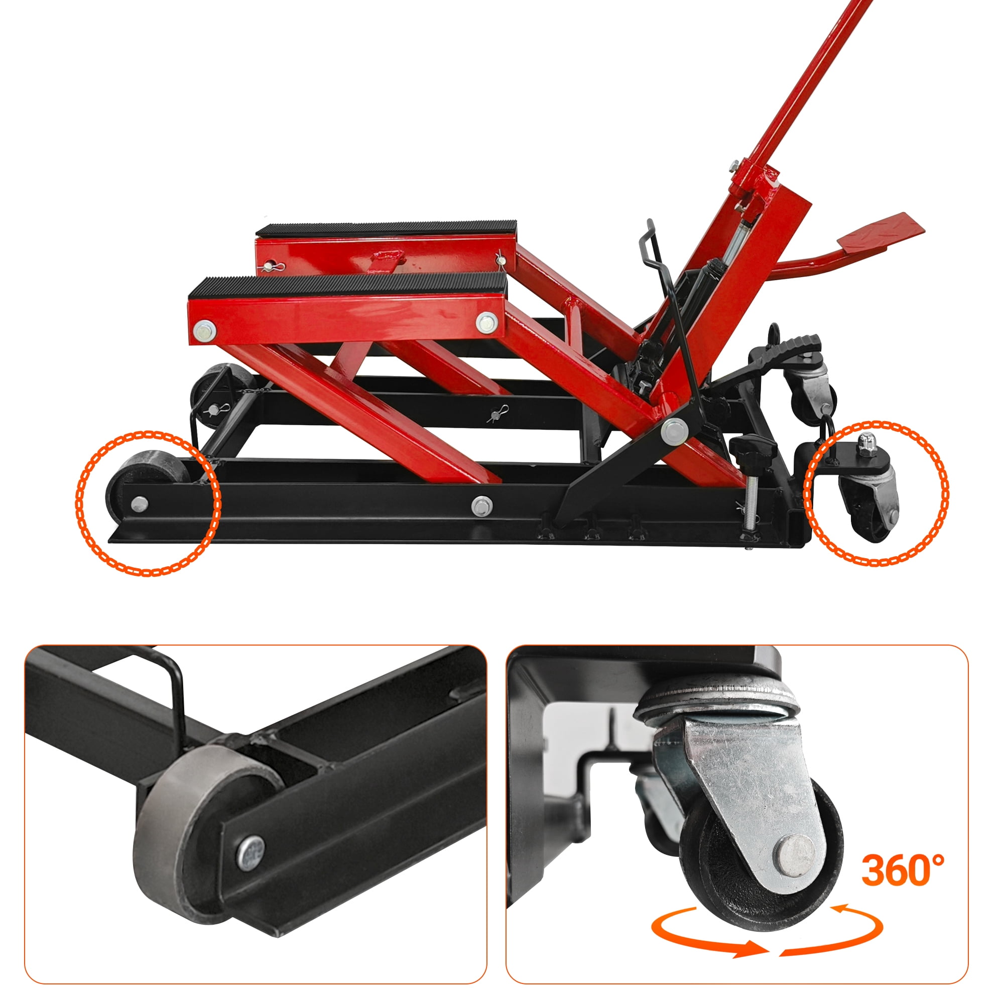 Hydraulic Motorcycle Lift Jack, 1500 LBS Capacity, ATV Scissor Lift Jack Portable Motorcycle Lift Table with 4 Casters, Hydraulic Foot-Operated Hoist Stand for Motorcycle ATV UTV Powersports