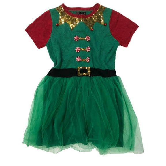 Womens Green Tulle Sequin Elf Christmas Holiday Sweater Dress Medium