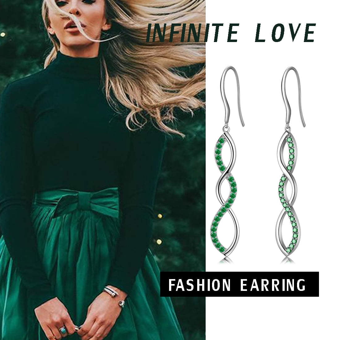 Infinity Women Earring Dangle Green Long Drop Earring 925 Sterling Silver Hook Jewelry Mother Wife Christmas Valentine's Day Gift for Her