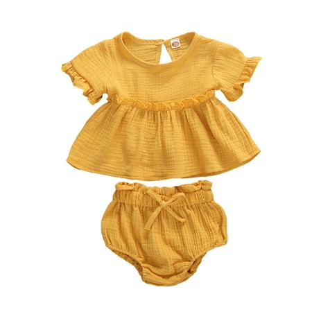

IZhansean 2Pcs Newborn Baby Girls Clothes Ruffle Short Sleeve Blouse Top Solid Shorts Bloomers Clothes Yellow 18-24 Months