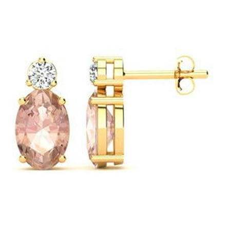 1 Carat Oval Morganite and Diamond Stud Earrings In 14 Karat Yellow Gold