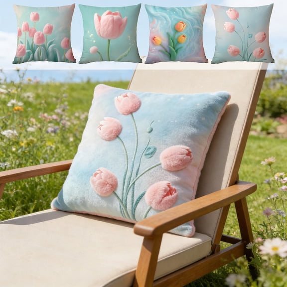 Yhmxh Tulip Pillow Covers 18"x18" Velvet Spring Throw Pillow Covers Pink Tulip Floral Outdoor Pillowcase Cushion Case, Soft Square Cozy Home Decorations Pillowcase for Sofa Couch Outdoor Patio