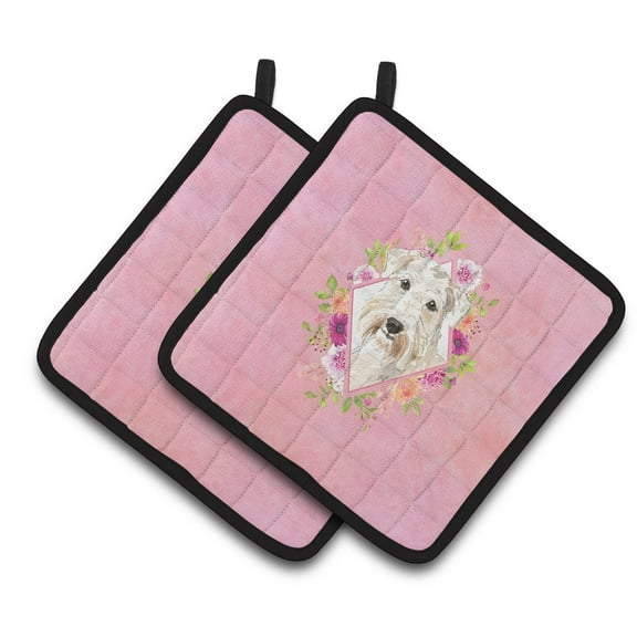 Wheaten Terrier Pink Flowers Pair of Pot Holders