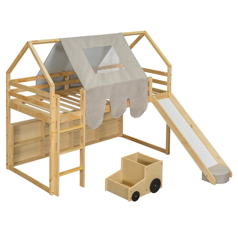 Twin Size Wooden Loft Bed with Slide and Ladder, House-Shaped Loft Bed Frame with Tent, Storage Shelves and Car-Shaped Storage Cabinet, Kids Playhouse Bed with Safety Handrails