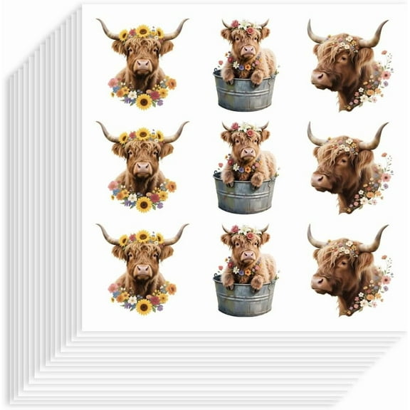 180Pcs Highland Cow Stickers 90x90mm Self-Adhesive Paper Decorative Stickers Waterproof Flower Cow Planner Decals