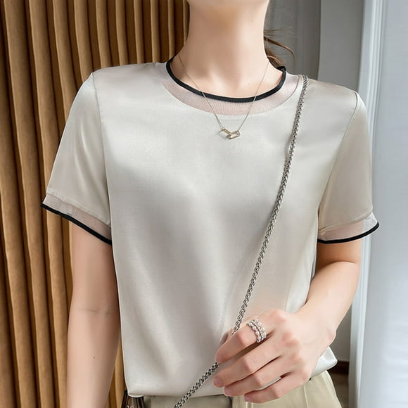 iTNHFP Tshirt For Women Womens Tops Cotton Blend Long Sleeve 2024 Summer New Silk Satin Short Sleeve T Shirt Women'S Mesh Solid Color Vest Temperament V Neck Top
